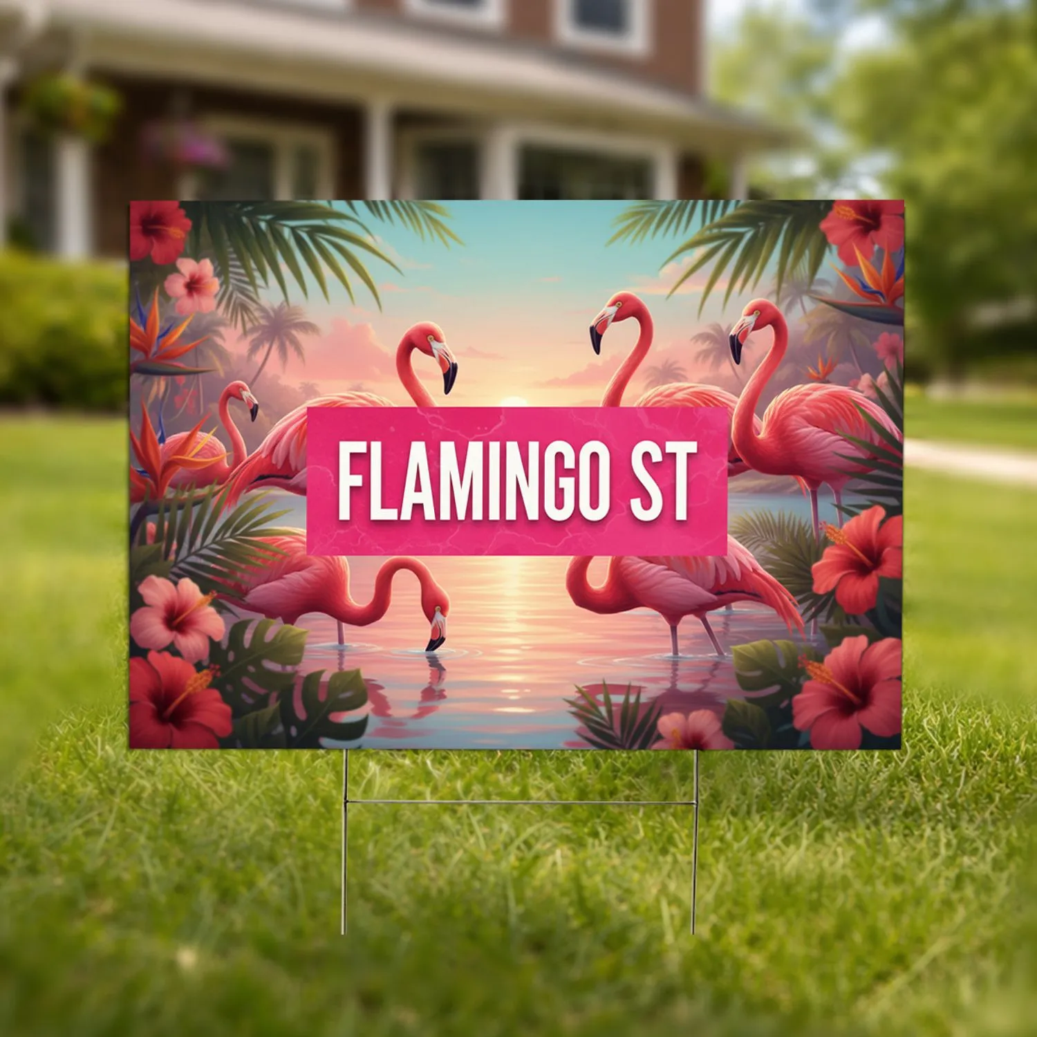 Flamingo Street Sign Tropical Garden Decor - Home Decor Gift for Flamingo Lover Yard Sign - 1