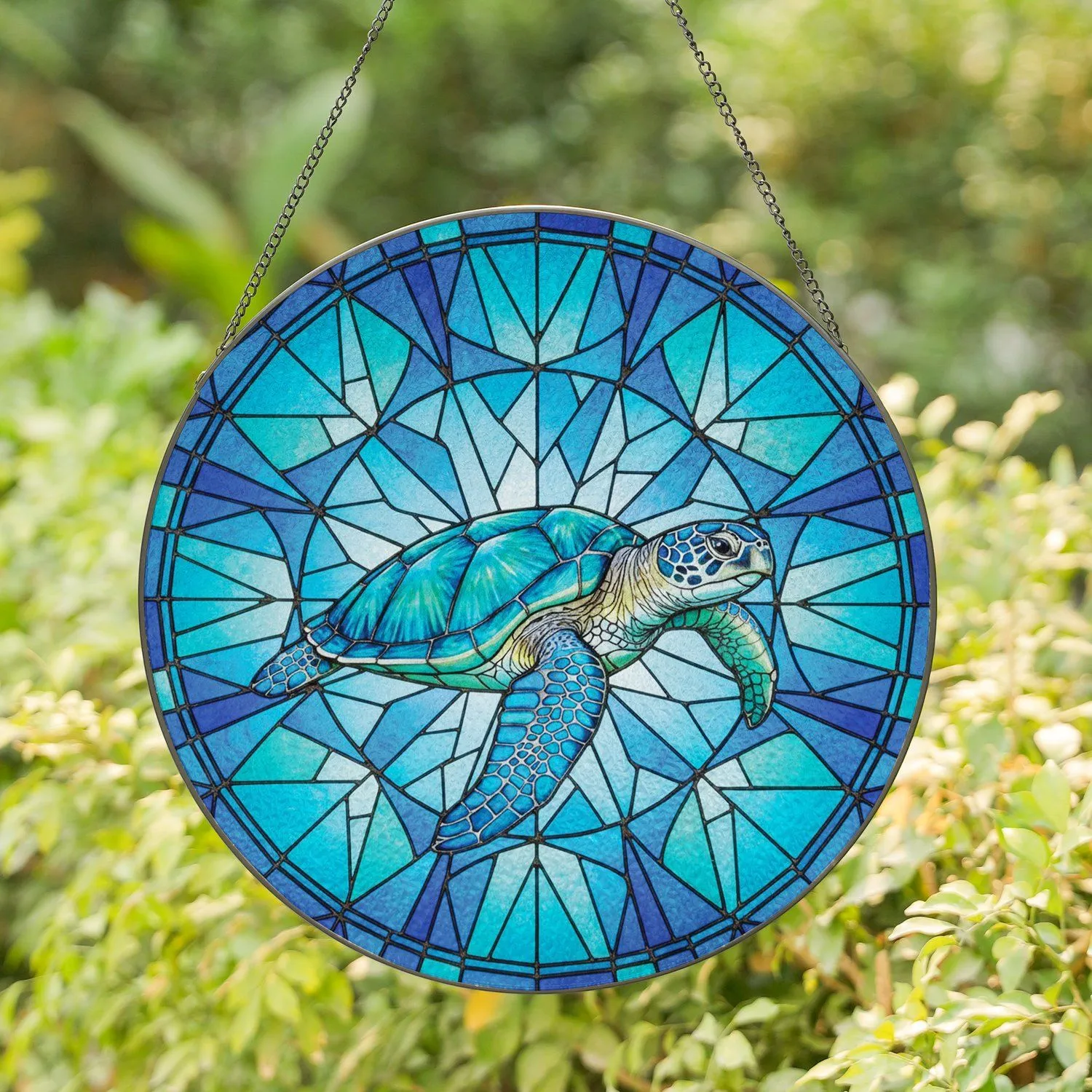 Blue-Green Sea Turtle Swimming Flowing Water Home Decor Gift for Ocean Habitat Lovers Stained Glass Suncatcher - 1