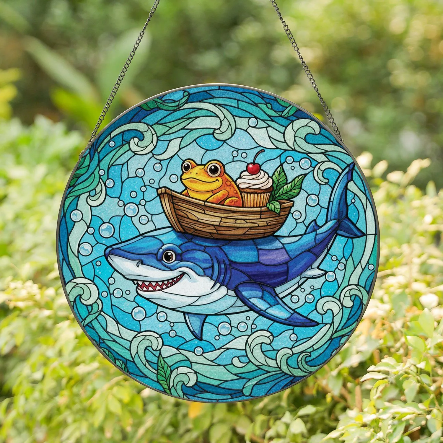 Vibrant Shark Wooden Boat Frog Cupcake Ocean Life Home Decor Gift Stained Glass Suncatcher - 1