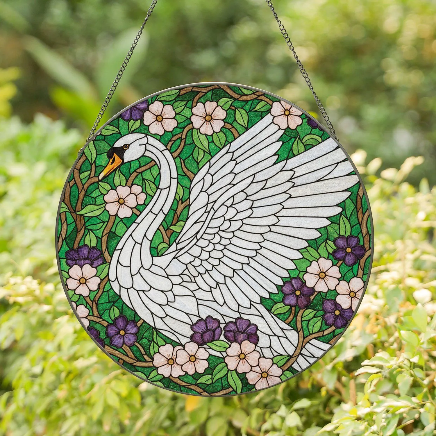 White Swan Floral Mosaic Wildlife Lover Home Decor Gift for Swan Lovers Stained Glass Suncatcher - 1