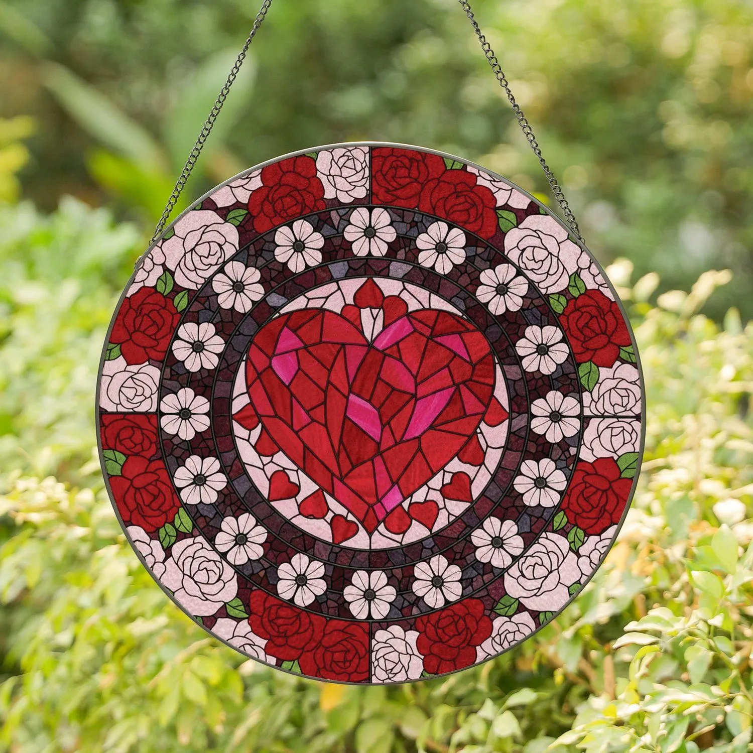 Red Heart Rose Green Leaf Floral Mosaic - Home Decor Gift for Mom Daughter Wife Stained Glass Suncatcher - 1