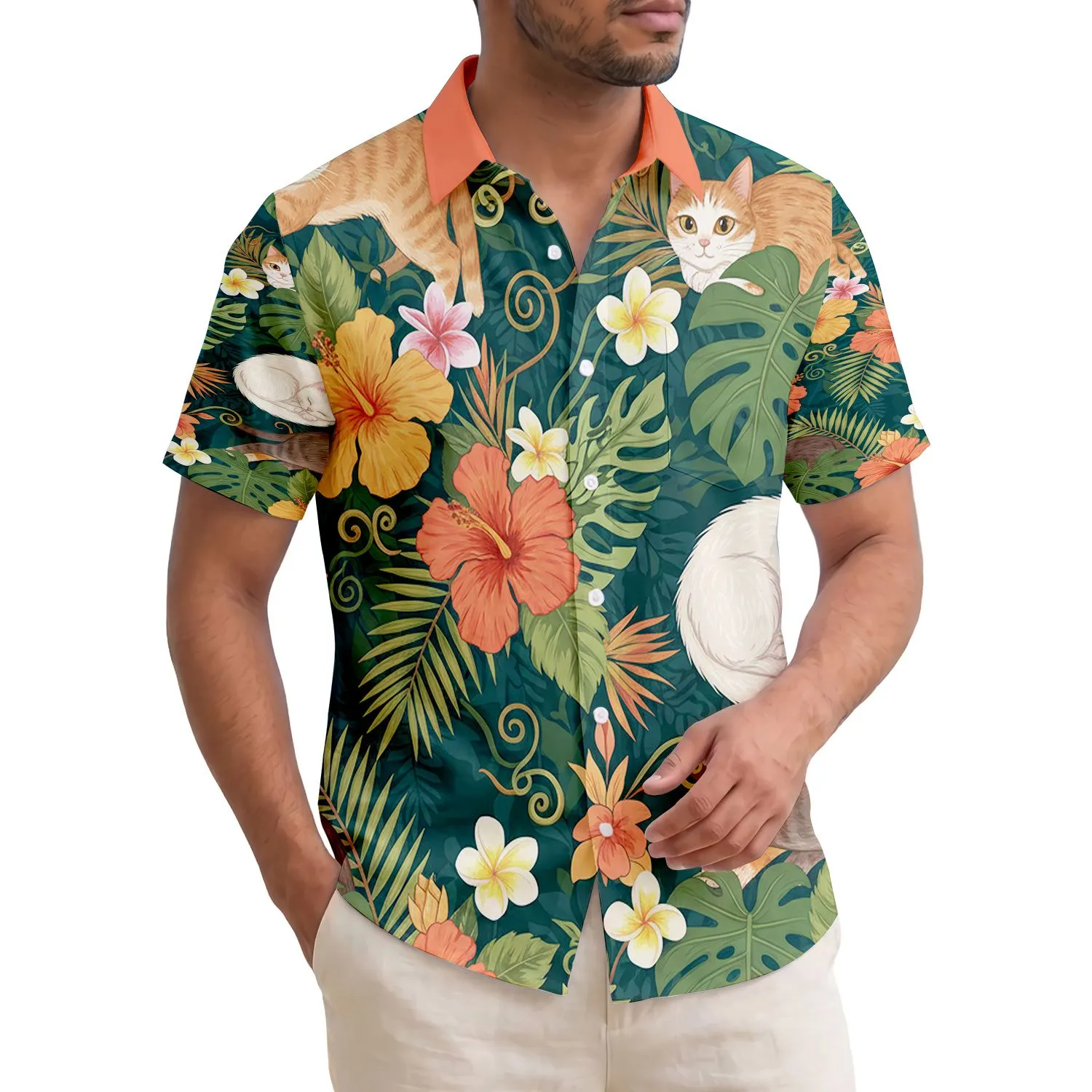 Hawaiian Cats Hibiscus Plumeria Tropical Foliage - Home Decor Gift for Cat Lover Hawaiian Shirt - 1