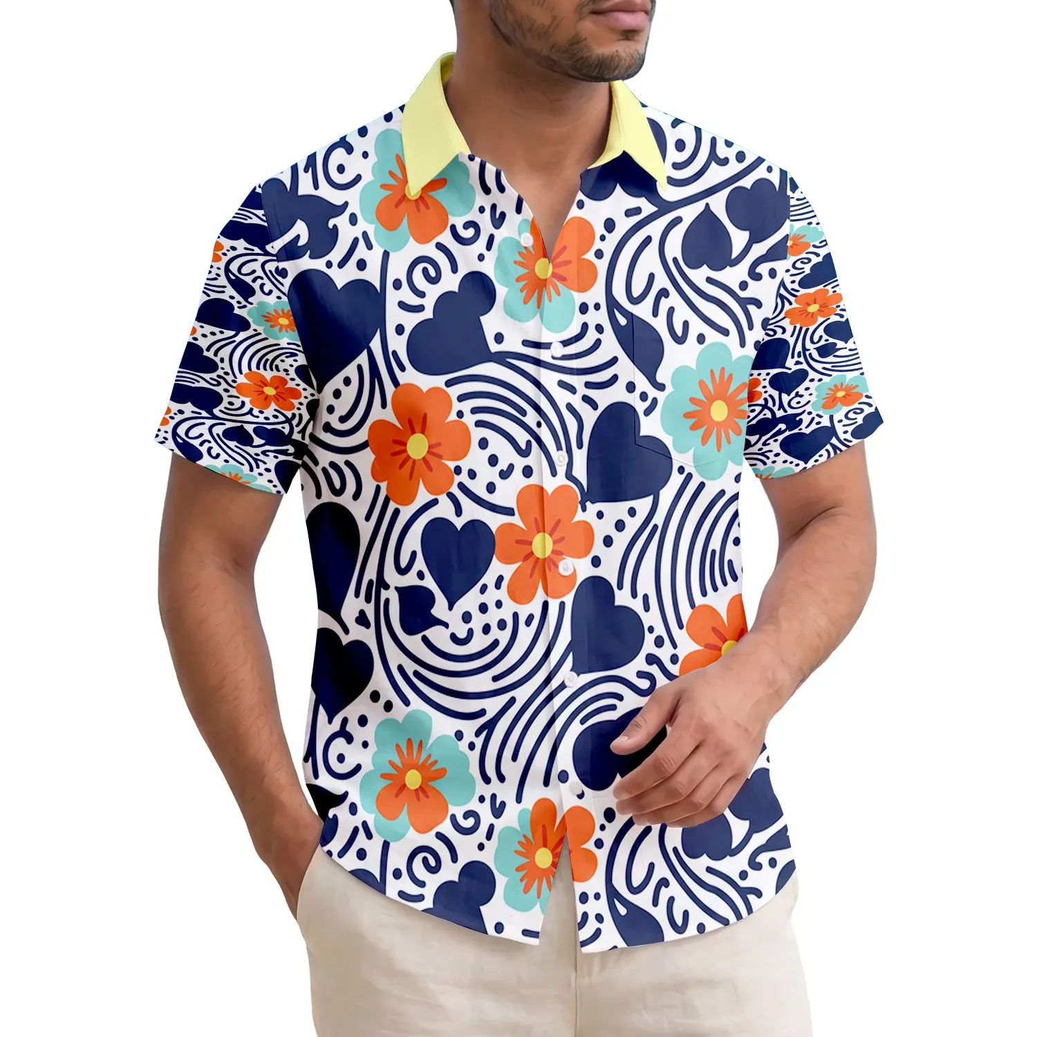 Tropical Orange Blue Yellow Centered Flowers Heart Leaves Ocean Currents - Home Decor Gift Hawaiian Shirt - 1