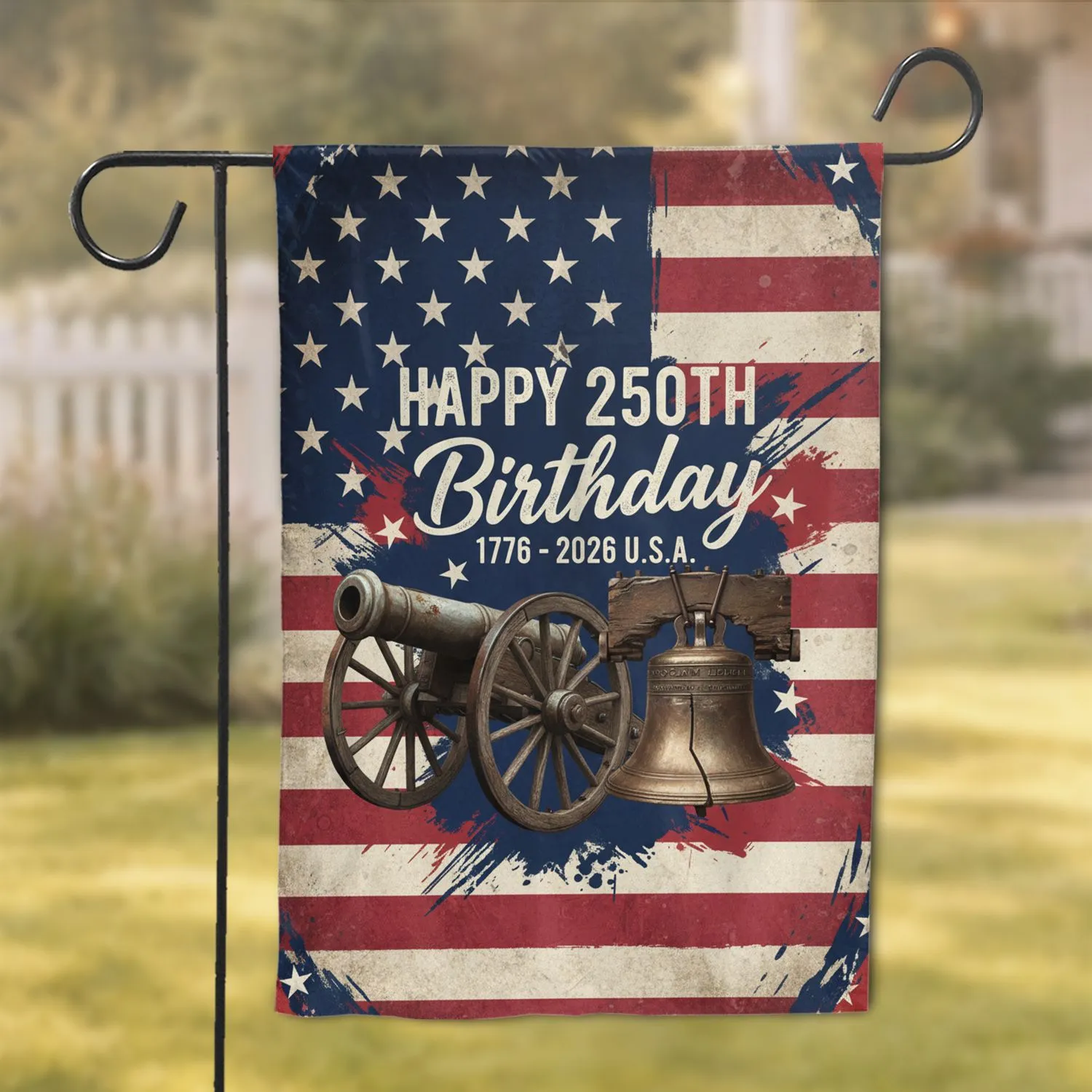 Distressed American Flag Cannon Liberty Bell 1776-2026 - USA 250th Anniversary Garden Flag - 1