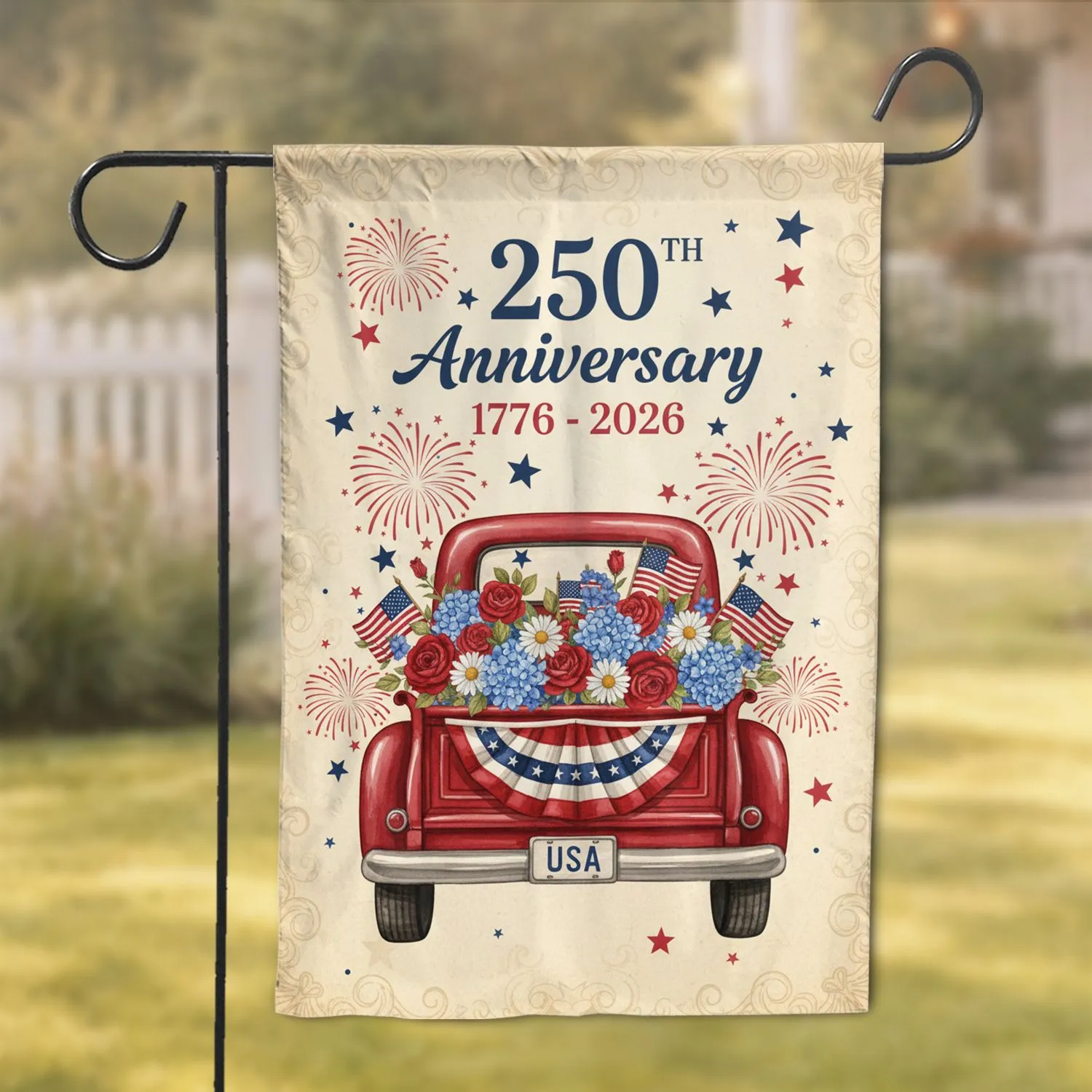 Vintage Red Pickup Truck American Flags 250th Anniversary (1776-2026) for Veterans Garden Flag - 1