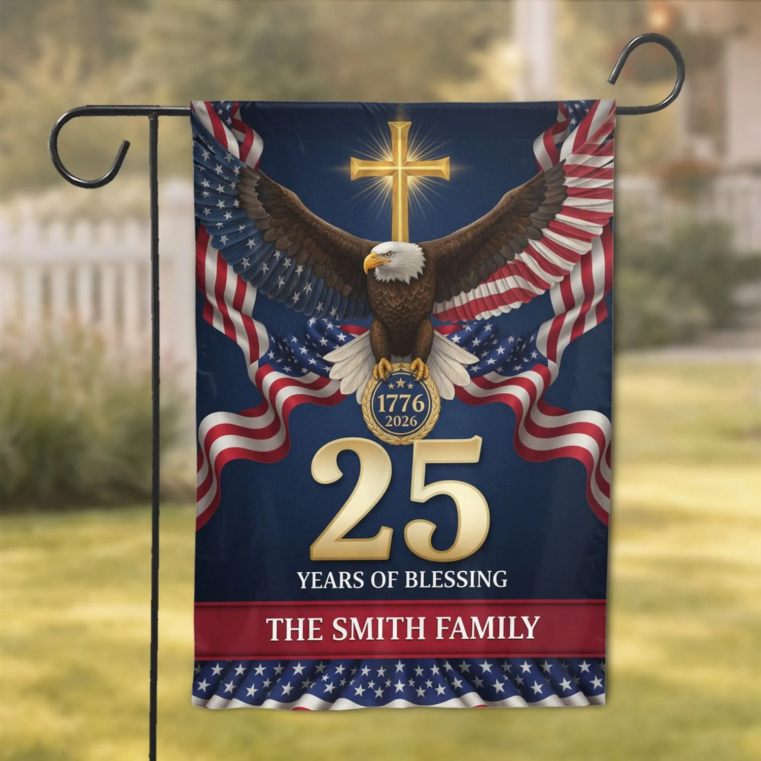 Bald Eagle American Flag 25 Christian Cross - USA 250th Anniversary Years of Blessing for Veterans Custom Family Name Garden Flag - 1
