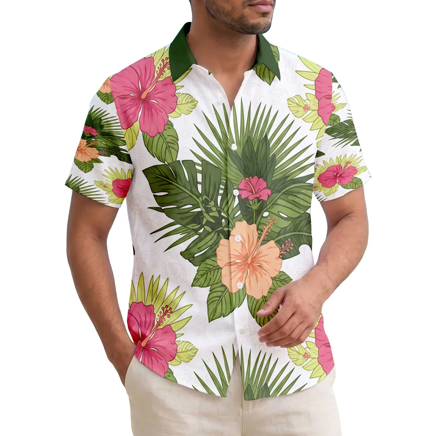Pink Peach Hibiscus Palm Fronds Tropical Leaves - Home Decor Gift Hawaiian Shirt - 1
