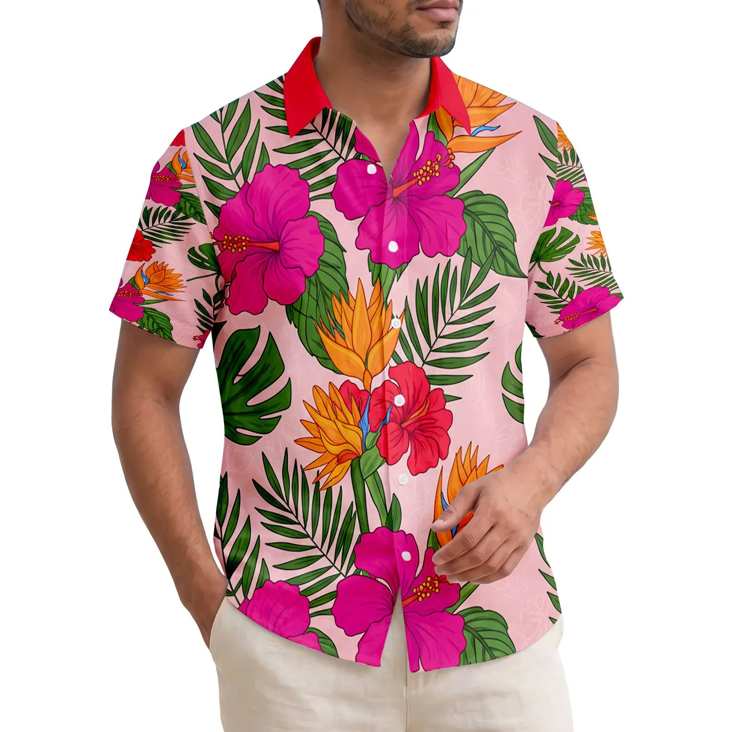 Fuchsia Hibiscus Tropical Foliage Golden Leaves Palm Fronds - Home Decor Gift Hawaiian Shirt - 1