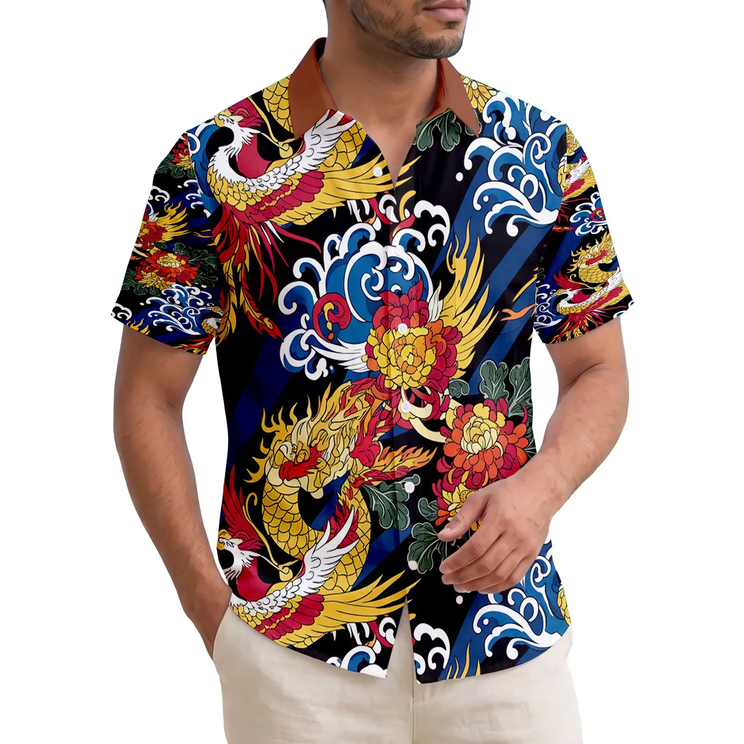 Dragon Phoenix Chrysanthemum Ocean Waves - Japanese Art Lover Gift Hawaiian Shirt - 1