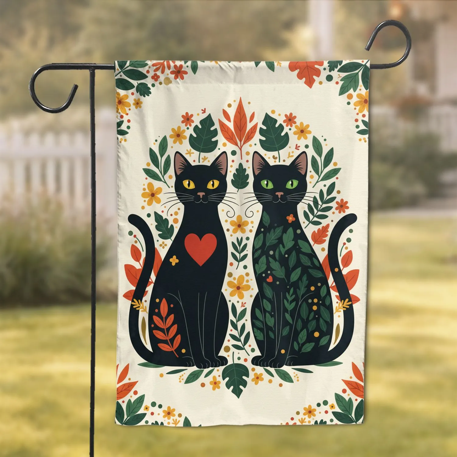 Black Cats Red Heart Leaves Botanical Foliage Flowers - Home Decor Gift for Cat Lovers Garden Flag - 1