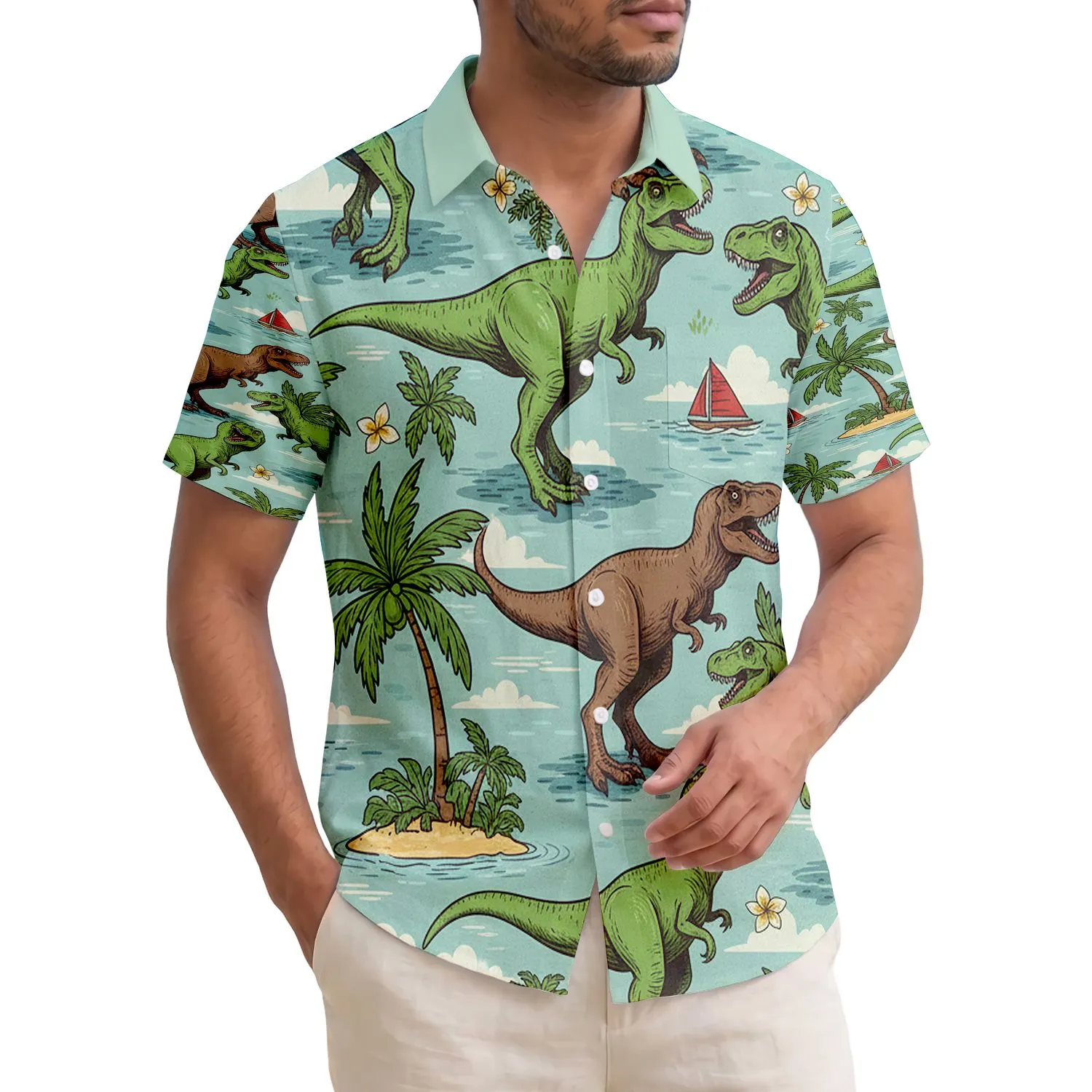 Tyrannosaurus Rex Tropical Island Ocean Adventure Lover Gift for Dinosaur Fans Hawaiian Shirt - 1