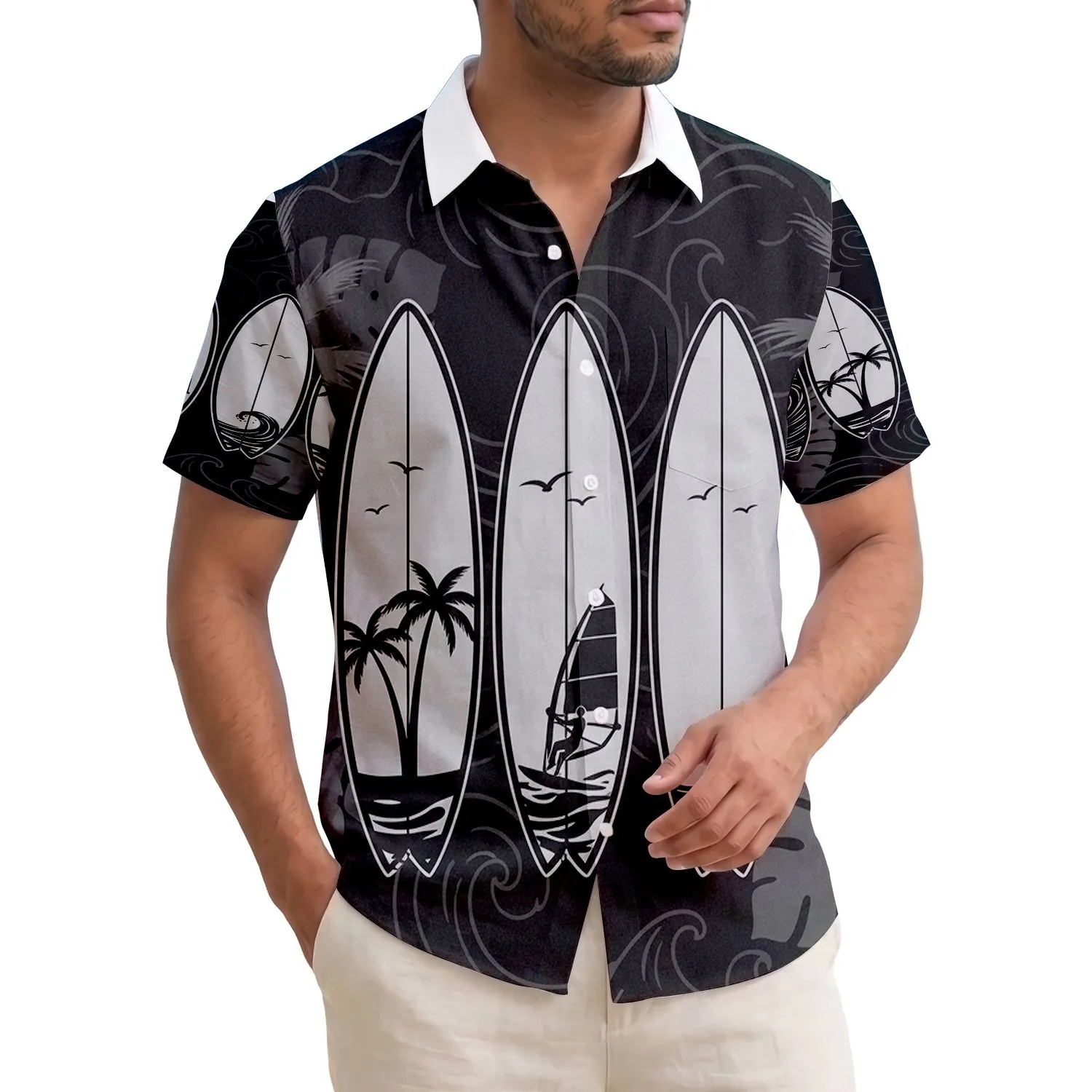 Five Surfboards Surfer Windsurfer Palm Trees - Tropical Ocean Lifestyle Gift Hawaiian Shirt - 1