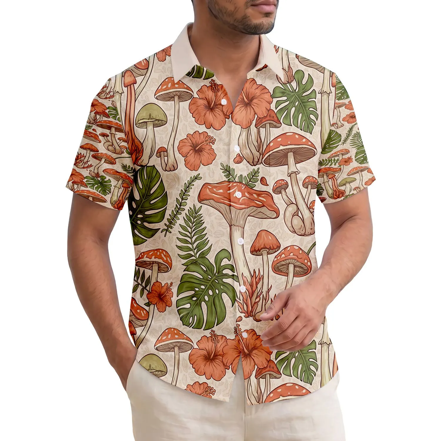 Mushroom Toadstool Hibiscus Monstera Fern Foliage - Tropical Forest Home Decor Gift Hawaiian Shirt - 1