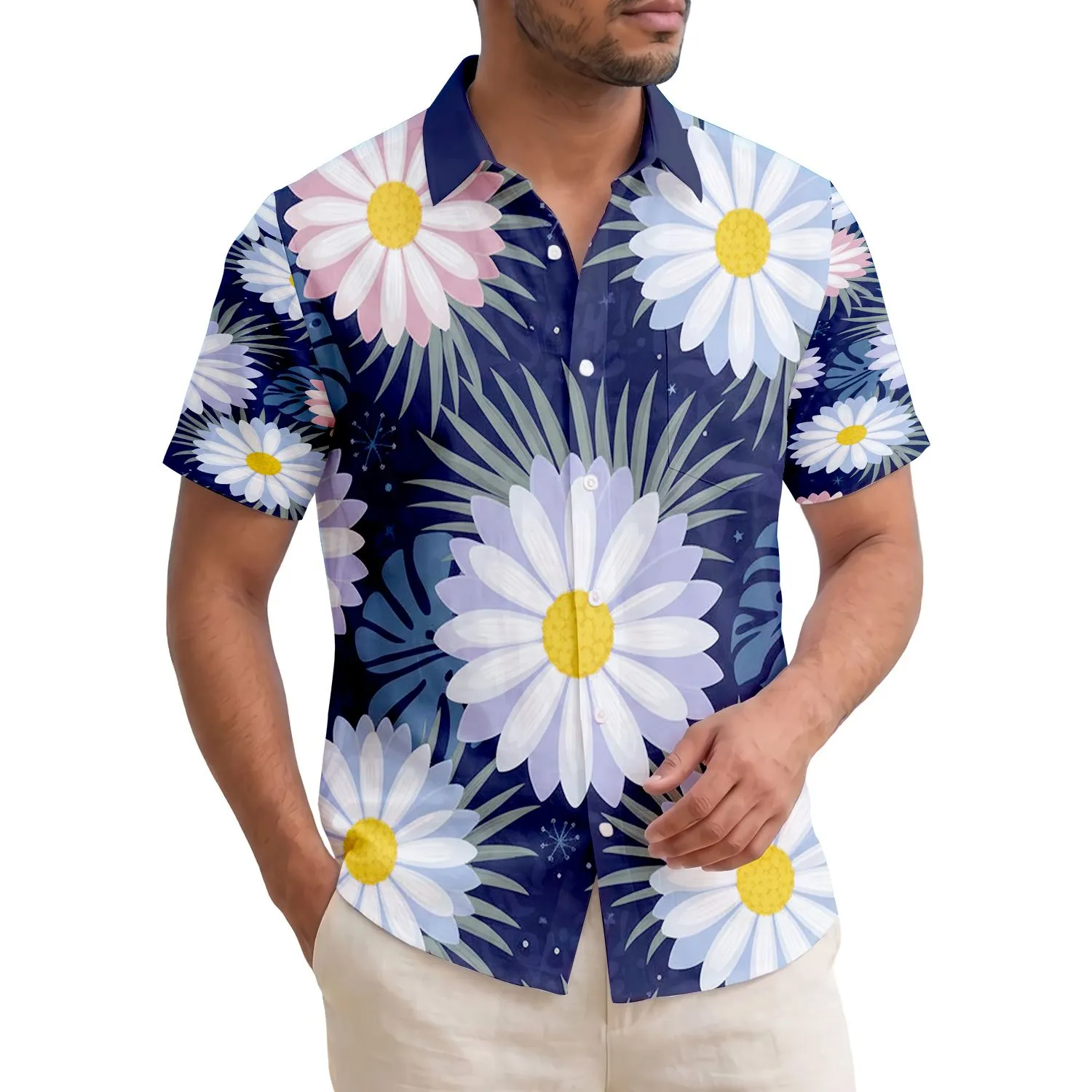 Island Tropical Large Daisy Hibiscus Palm Frond Flowers - Everyday Home Decor Gift Hawaiian Shirt - 1