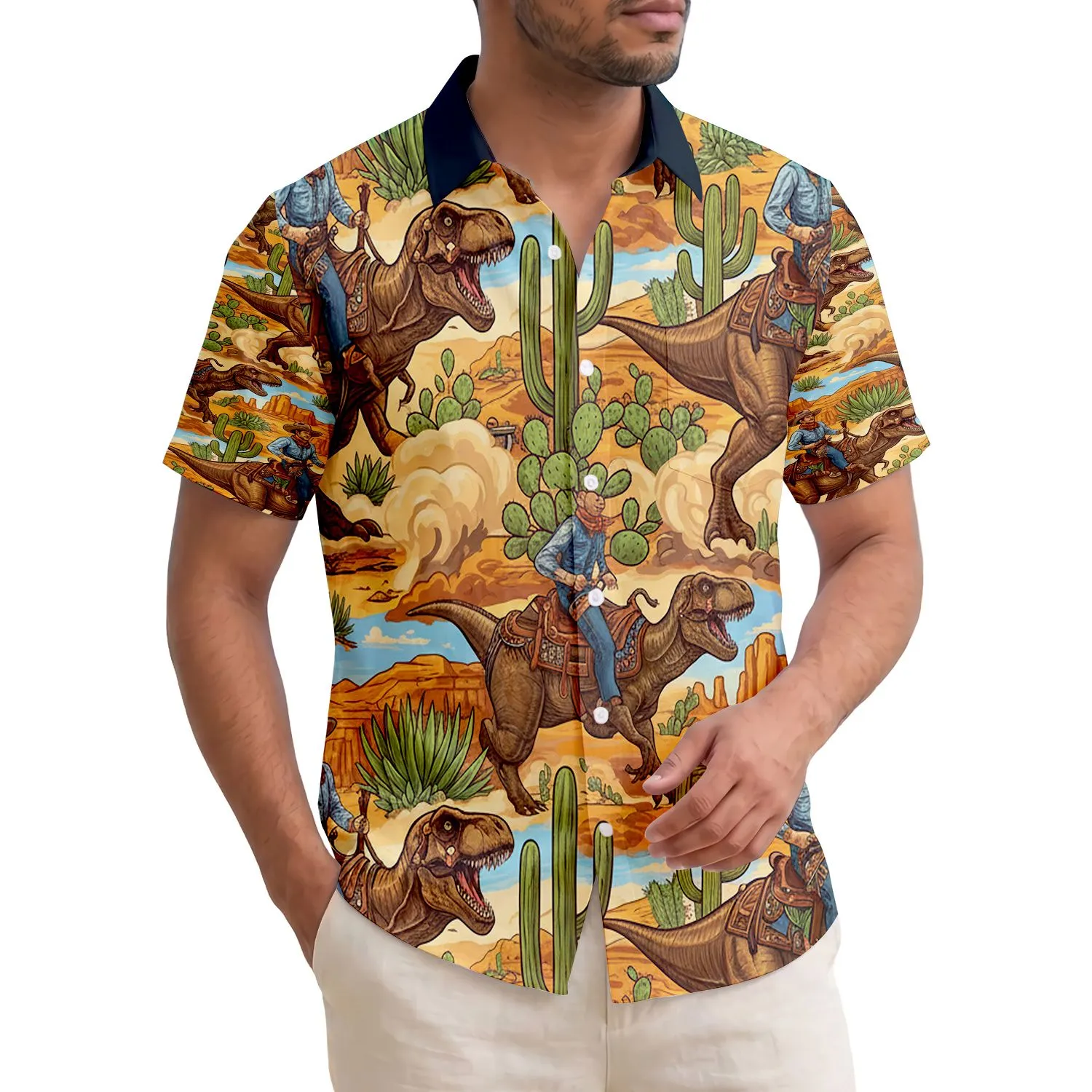 Cowboy Dinosaurs T Rex Velociraptors Desert Cacti - Western & Dinosaur Lover Gift Hawaiian Shirt - 1