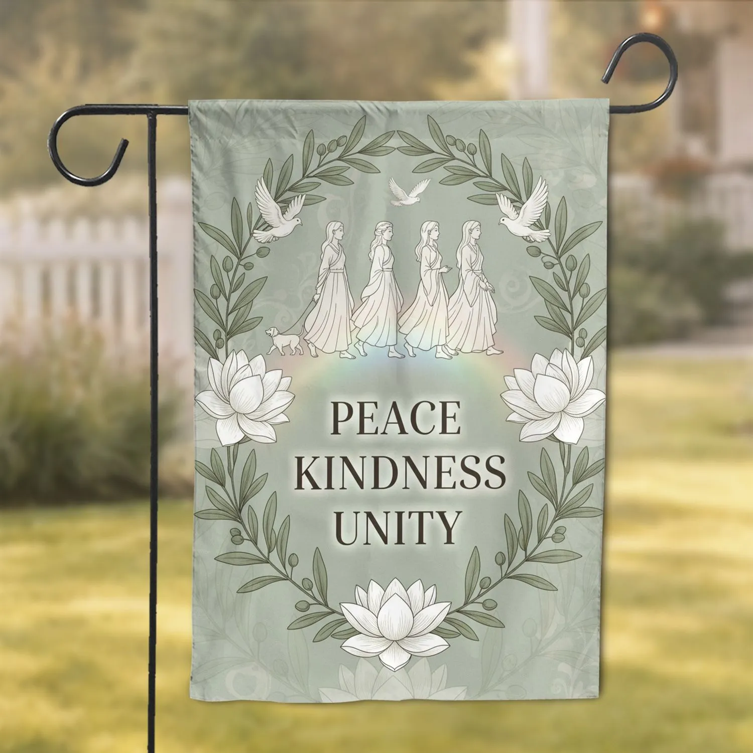 Robed Figures Peace Kindness Unity Doves Lotus Olive Branches - Peaceful Home Decor Gift Garden Flag - 1