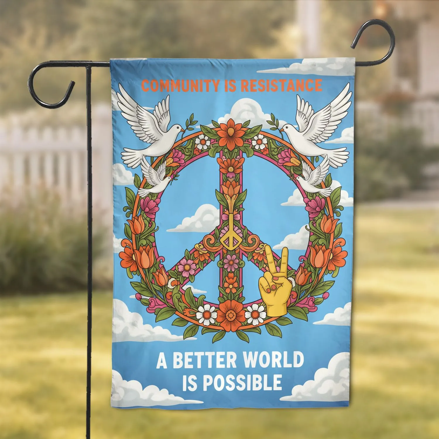 Peace Symbol Doves Flowers Hand Gesture - Inspiration Home Decor Gift Garden Flag - 1