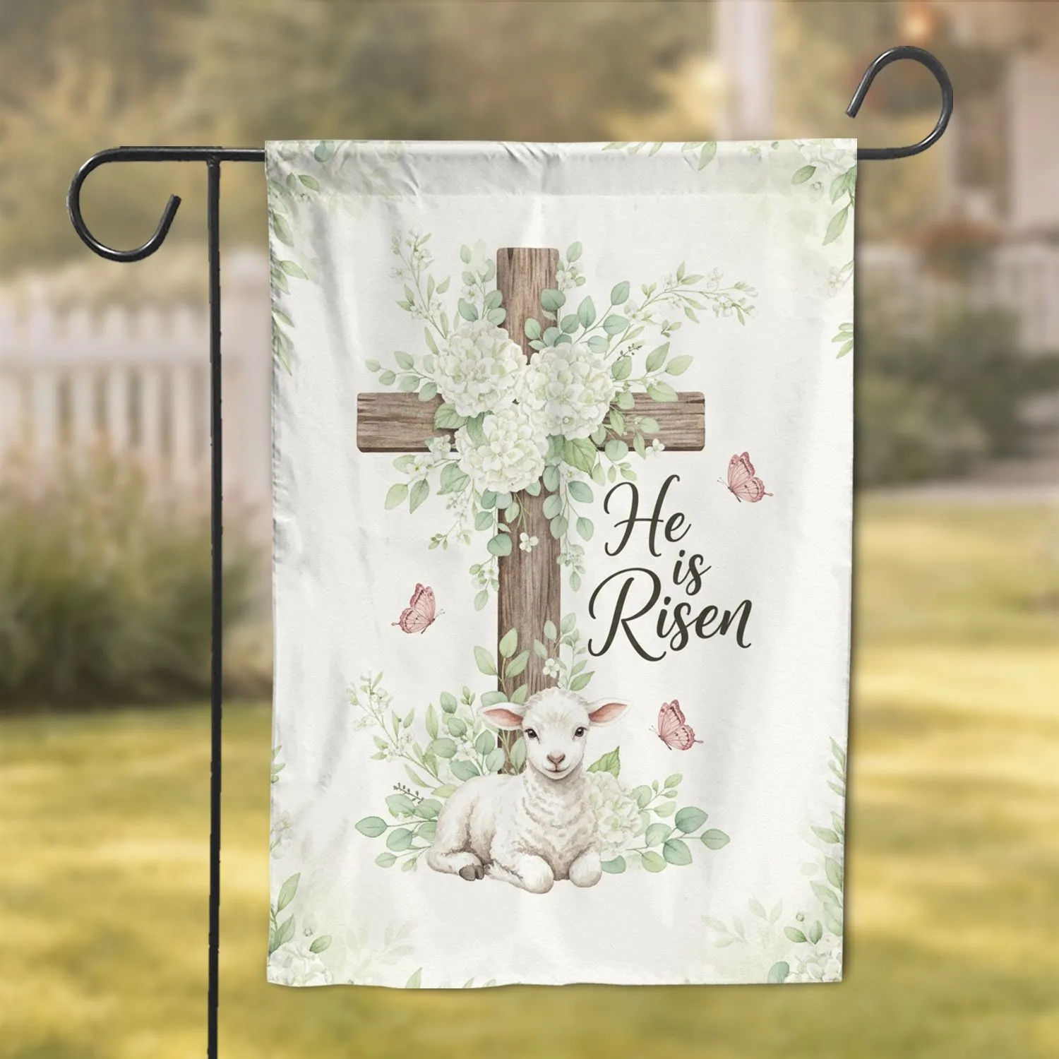 Lamb Cross Hydrangea He is Risen - Easter Celebration Christian Gift Garden Flag - 1