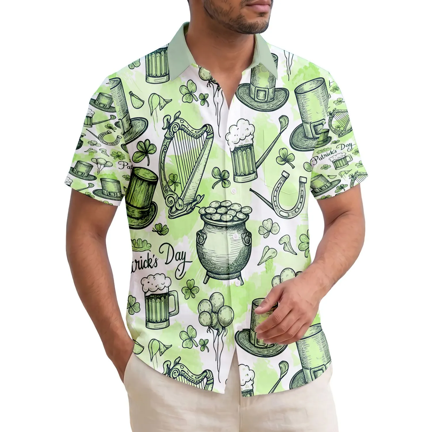 Leprechaun Hats Gold Coins Shamrocks Patrick's Day Text - St. Patrick's Day Holiday Hawaiian Shirt - 1