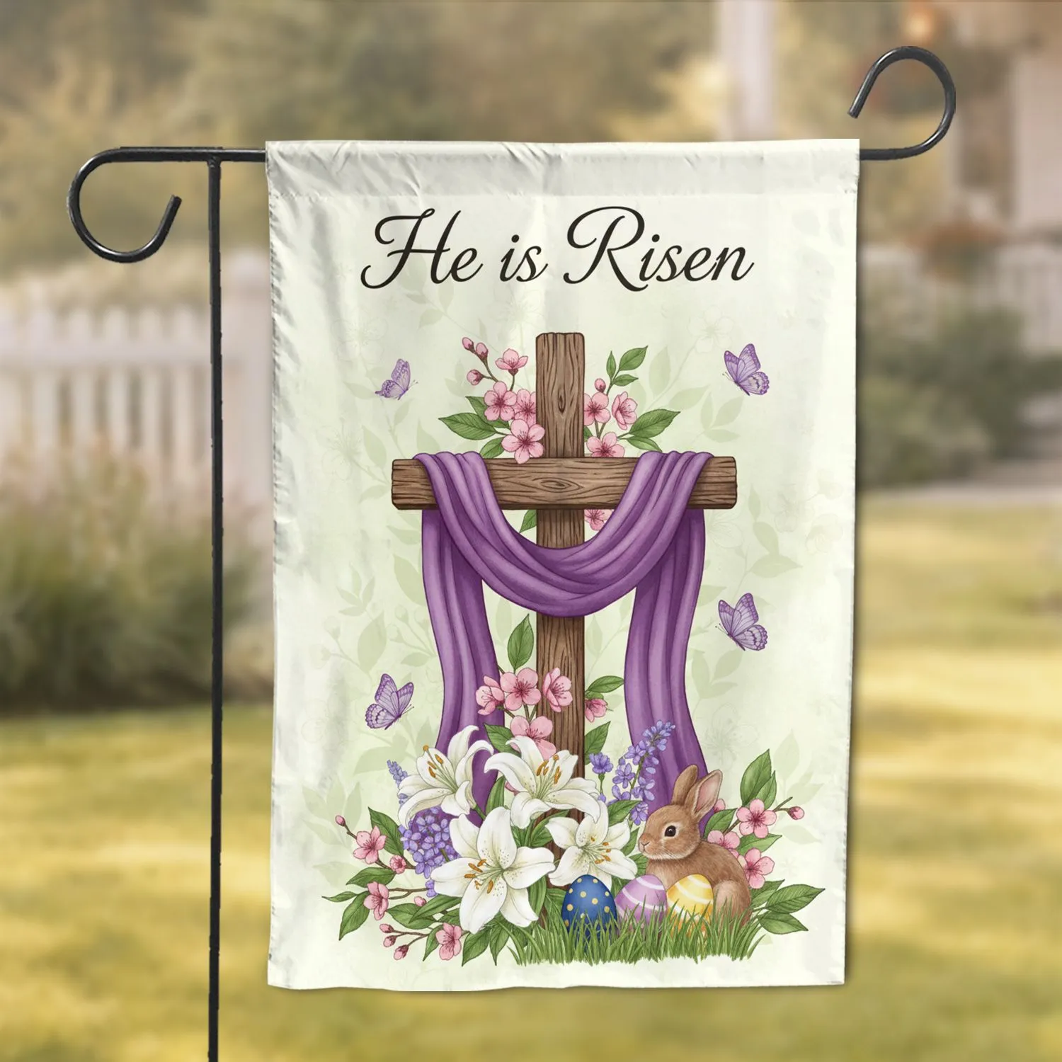 He Is Risen Wooden Cross Easter Bunny Spring Blossoms - Easter Holiday Gift Garden Flag - 1