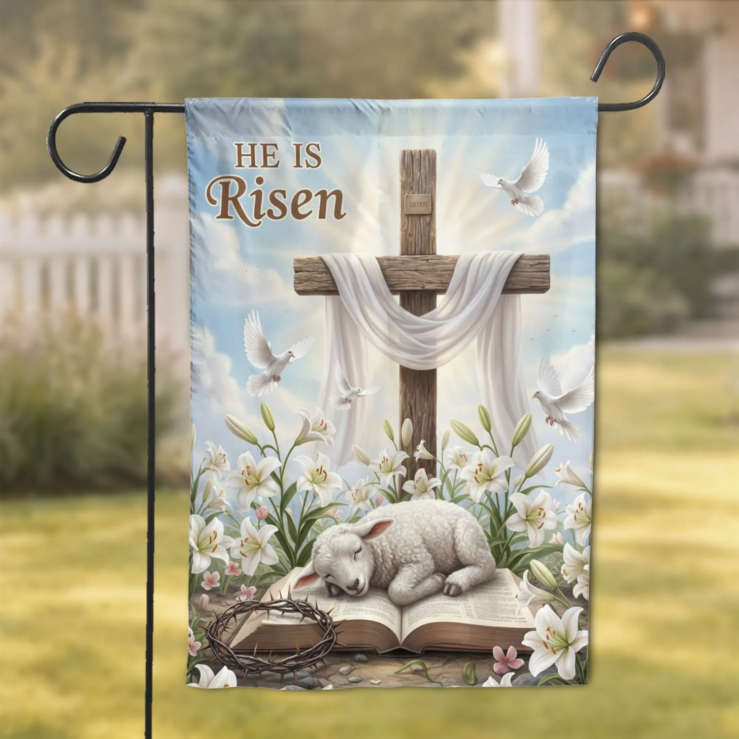 HE IS Risen Lamb Bible Cross Lilies Doves - Divine Radiance Easter Gift for Christian Home Garden Flag - 1