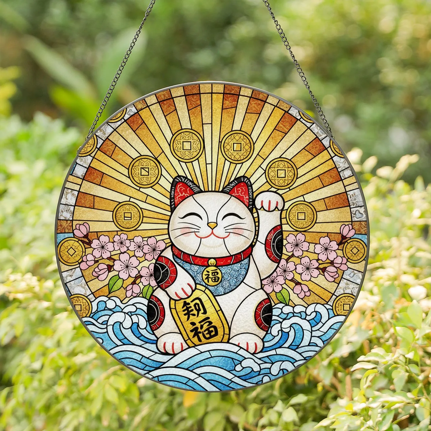 Maneki-Neko Beckoning Cat Japanese Cherry Blossom Golden Coin - Fortune Home Decor Gift Stained Glass Suncatcher - 1