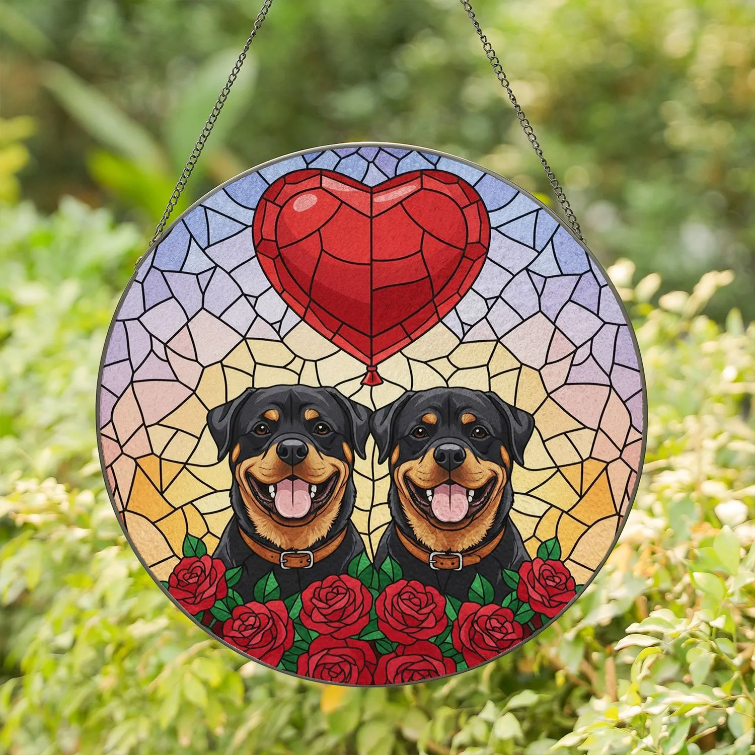Two Happy Rottweiler Dogs Red Heart Balloon Roses Sky Colors - Home Decor Gift for Dog Lover Stained Glass Suncatcher - 1