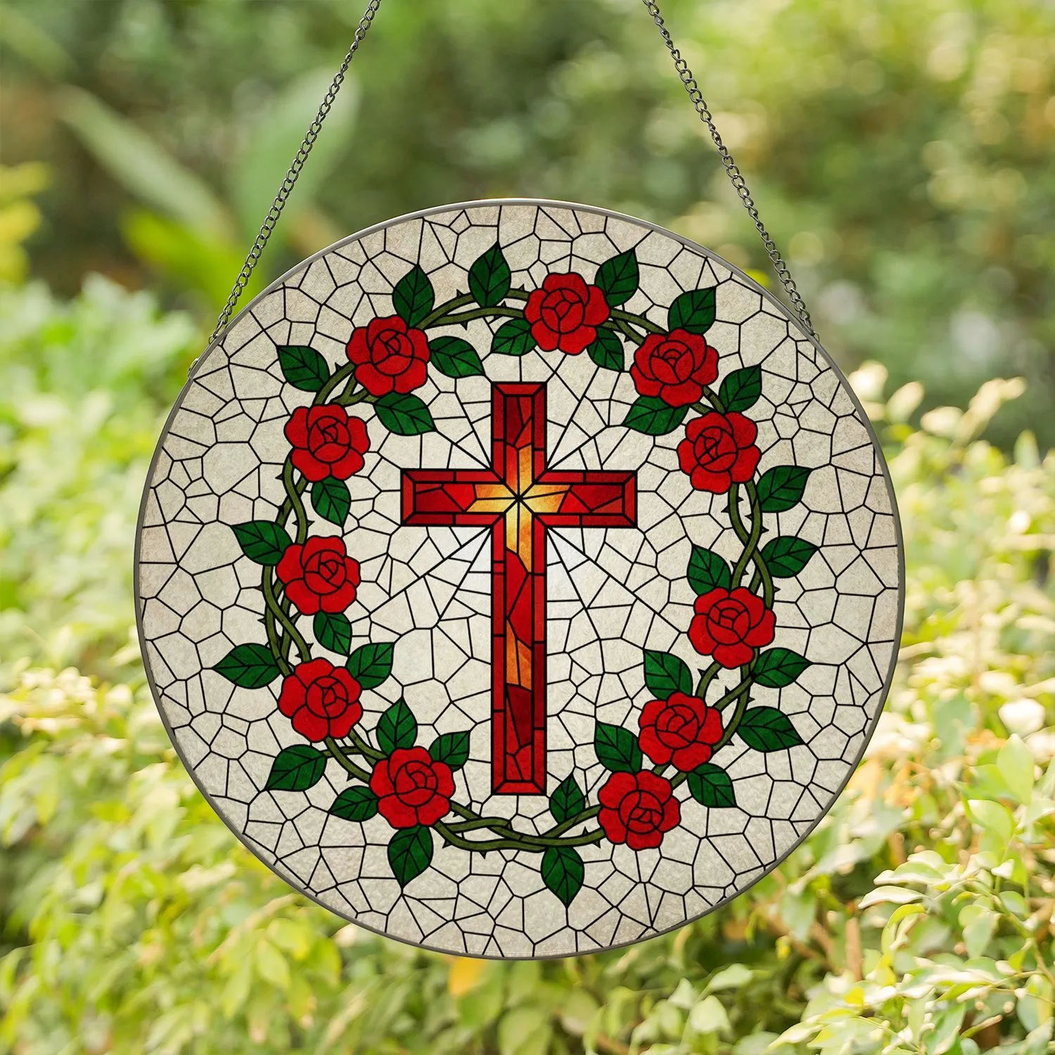 Christian Cross Thorny Rose Vines Red Rose Wreath - Home Decor Gift for Christian Faith Stained Glass Suncatcher - 1