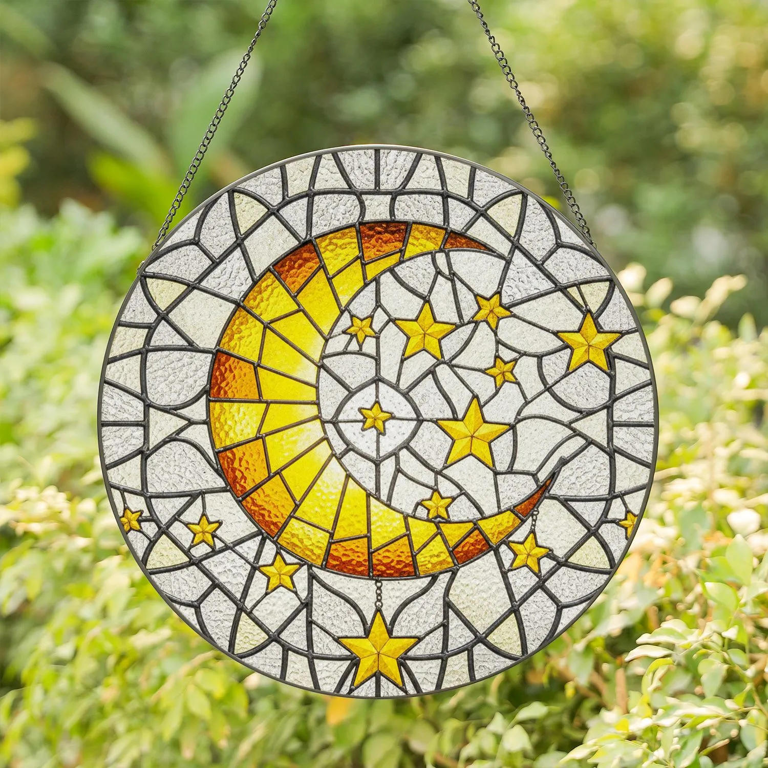 Luminous Crescent Moon with Scattered Five-Pointed Stars - Home Window Decor Gift Stained Glass Suncatcher - 1