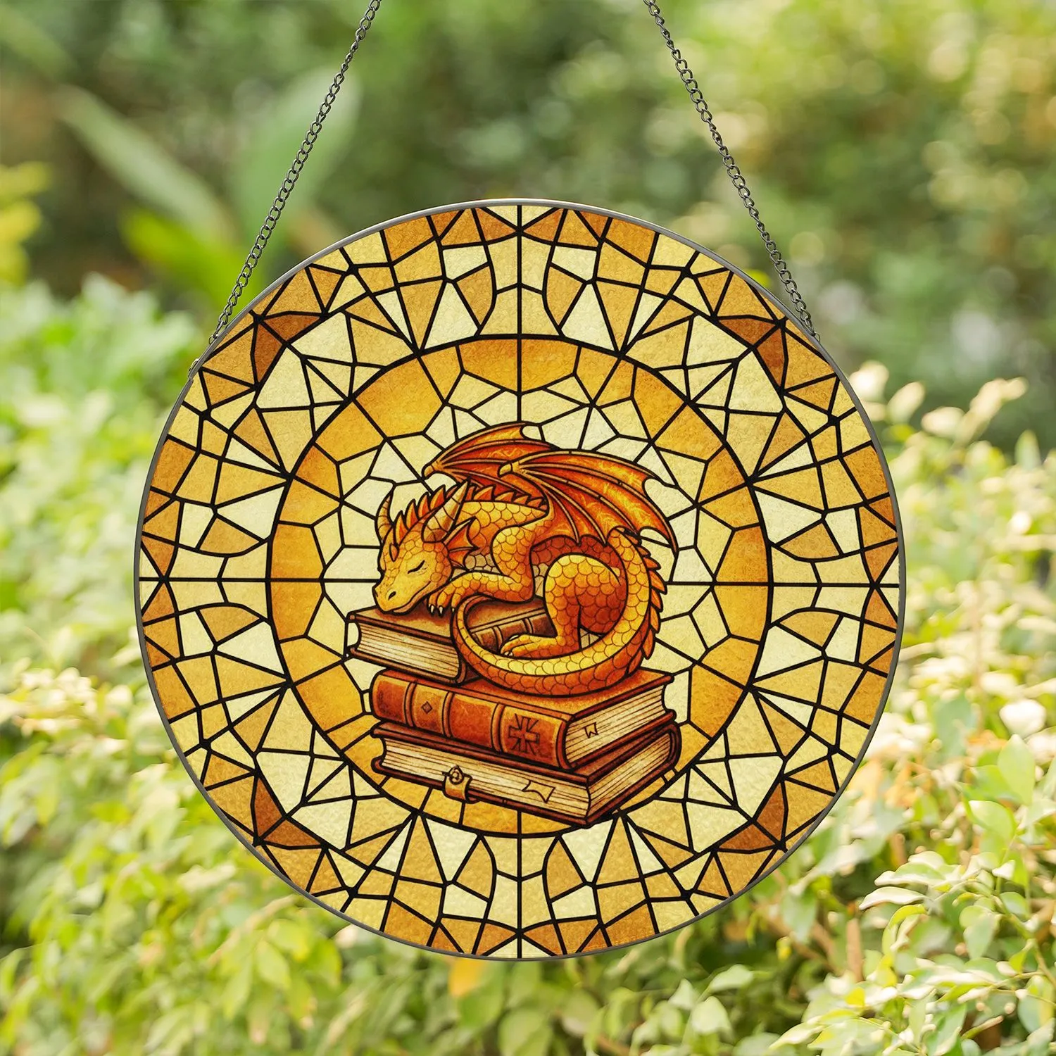 Curled Wing Dragon Sleeping on Leather Books - Home Decor Gift for Dragon Lover Stained Glass Suncatcher - 1
