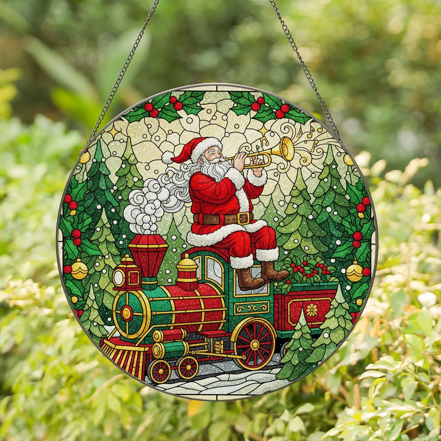 Santa Claus Golden Trumpet Christmas Train Holly Winter Home Decor Gift Stained Glass Suncatcher - 1