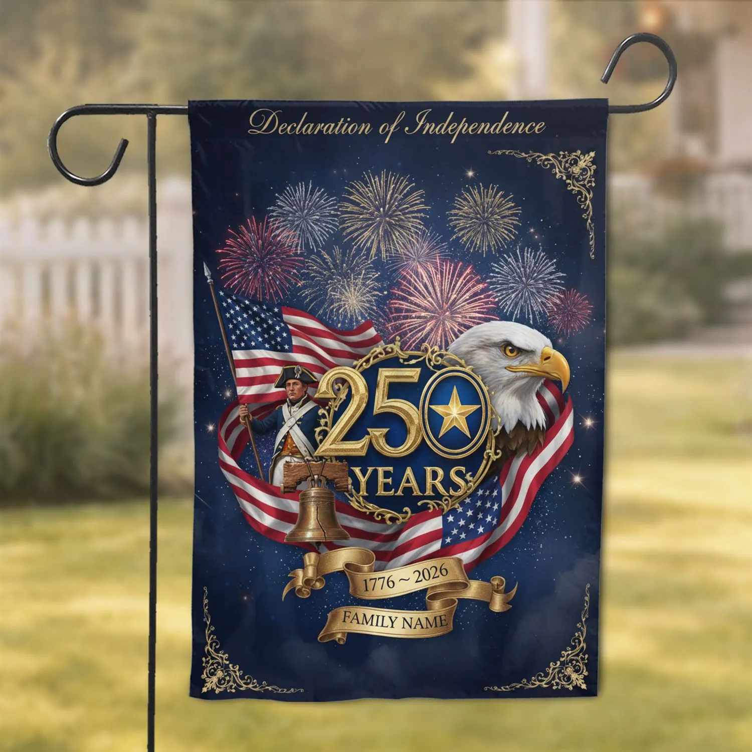 Bald Eagle Liberty Bell 250 Years Declaration of Independence USA 250th Anniversary (1776-2026) Custom Family Name Garden Flag - 1