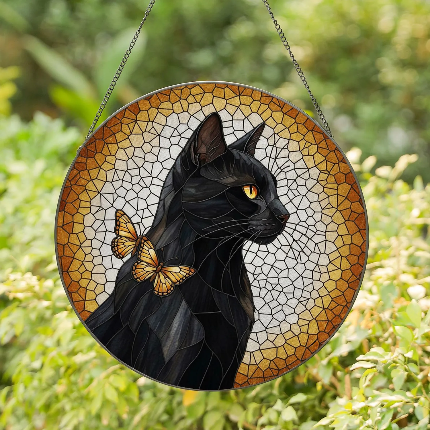 Black Cat Golden-Orange Eyes Amber Brown Butterfly - Home Decor Gift for Cat Lovers Stained Glass Suncatcher - 1