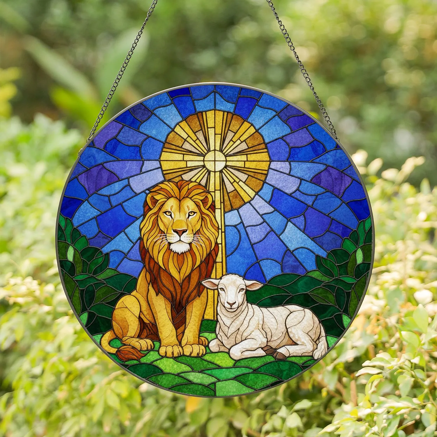 Majestic Golden Lion Lamb Radiant Cross Lush Foliage - Home Decor Christian Gift Stained Glass Suncatcher - 1