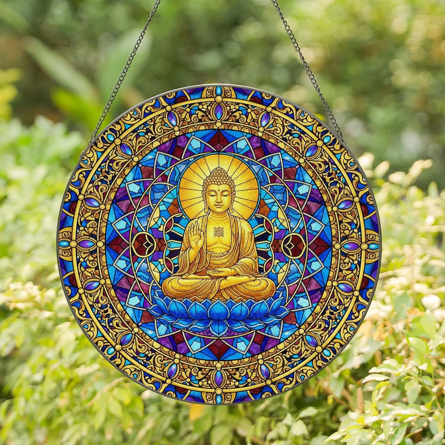 Radiant Golden Buddha Blue Lotus Tiffany Stained Glass - Home Decor Gift for Yoga Lover Stained Glass Suncatcher - 1