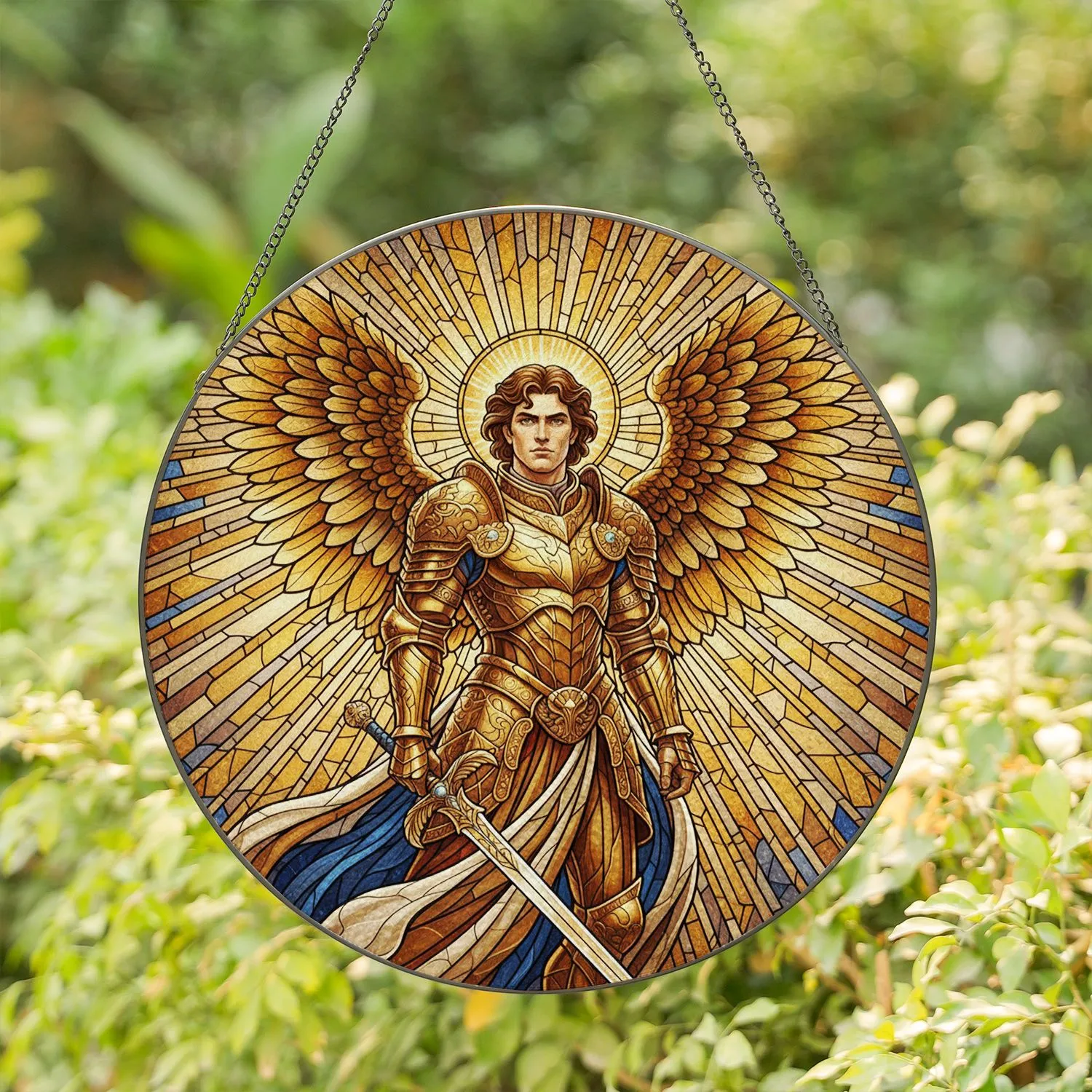 Majestic Male Angel Golden Halo Elaborate Armor Celestial Light - Home Decor Gift Stained Glass Suncatcher - 1