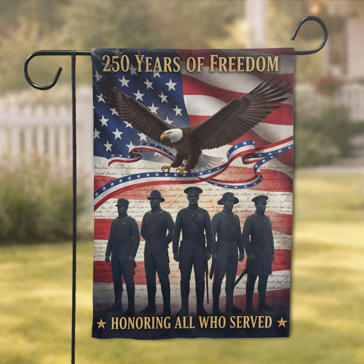 250 Years of Freedom American Flag Eagle Soldiers - Independence Day Gift for Veterans Garden Flag - 1