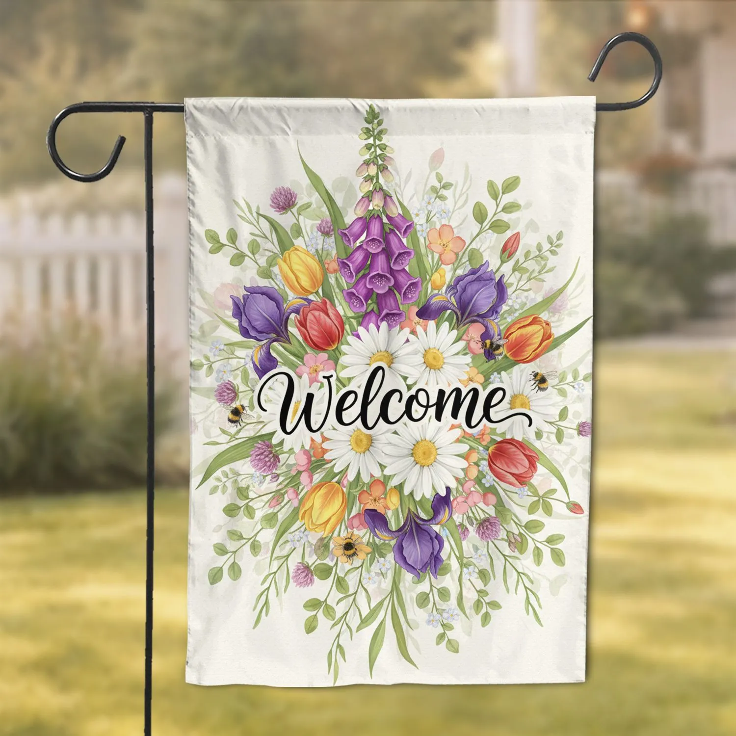 Welcome Script Daisy Foxglove Iris Flowers Bumblebee - Spring Summer Home Decor Gift Garden Flag - 1