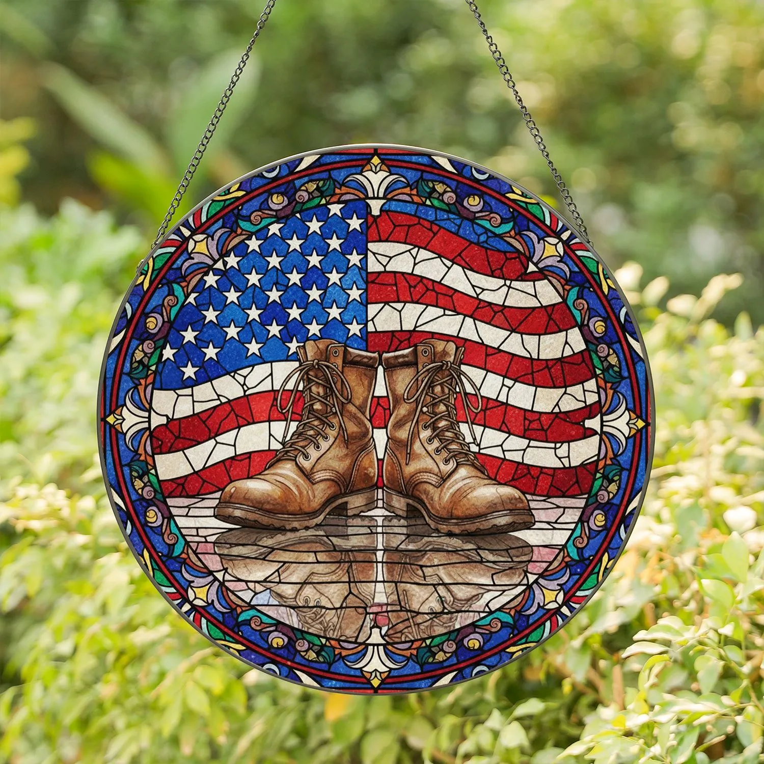 Worn Combat Boots American Flag Mosaic - Patriotic Home Decor for Veterans Stained Glass Suncatcher - 1