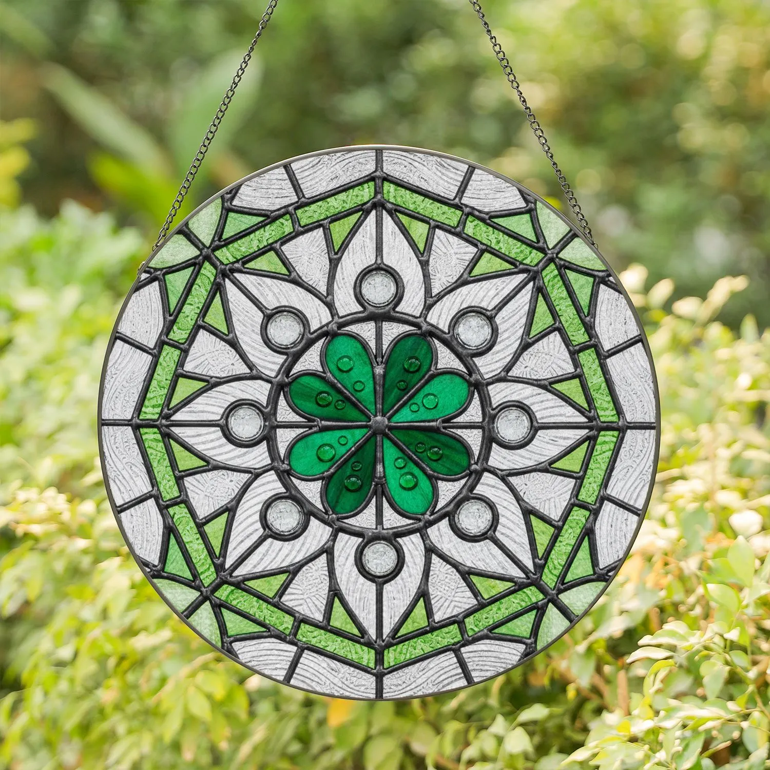Four-Leaf Clover with Heart-Shaped Leaves Water Droplets - Tiffany Inspired Home Decor Gift Stained Glass Suncatcher - 1