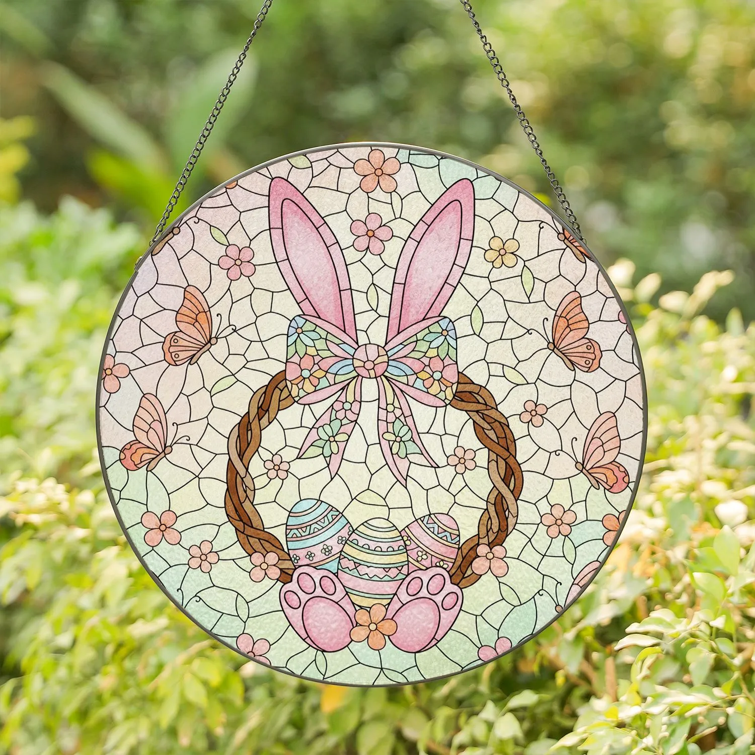 Pink Bunny Ears Easter Eggs Floral Wreath Butterflies - Easter Gift Spring Home Decor Stained Glass Suncatcher - 1