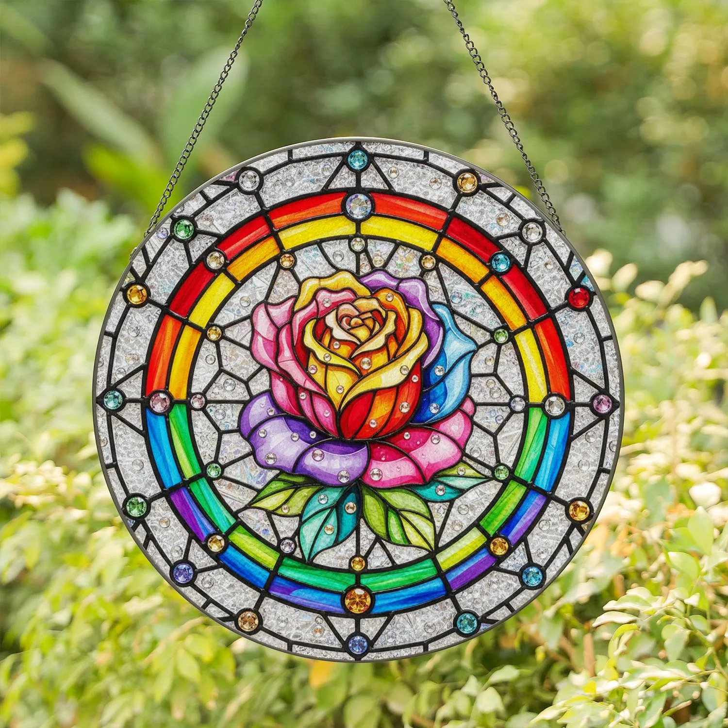 Rainbow Rose Multi-segment Border Faceted Gemstone Dewdrop Accent Mosaic - Home Decor Gift Stained Glass Suncatcher - 1