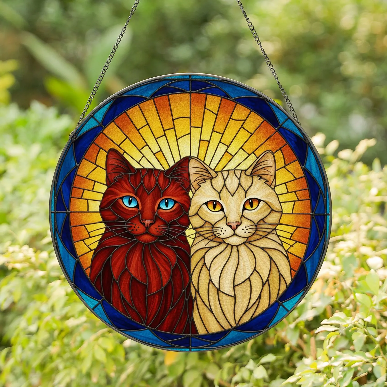 Fluffy Cats Sunburst Mosaic Home Decor Gift for Cat Lover Stained Glass Suncatcher - 1