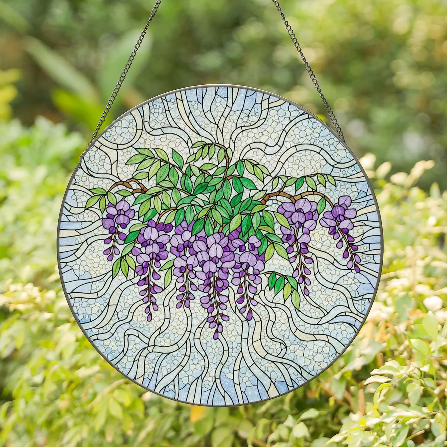 Lush Wisteria Flowers Cascading Green Leaves - Home Decor Gift for Garden Lover Stained Glass Suncatcher - 1