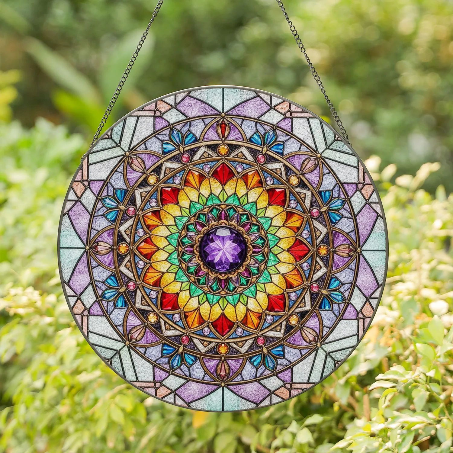 Amethyst Cabochon Mandala Floral Faceted Petal Bronze Gold Geometric Mosaic - Home Decor Gift Stained Glass Suncatcher - 1