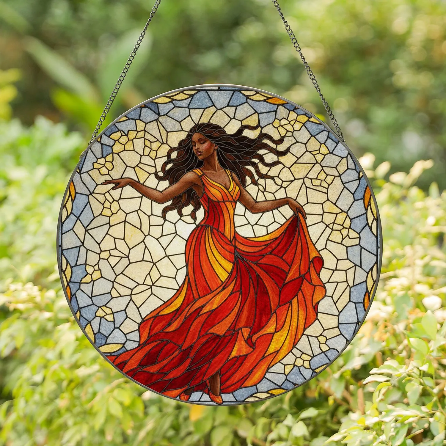 Graceful Woman Dancing Fiery Gown Golden Leaves Luminous Mosaic - Home Decor Gift Stained Glass Suncatcher - 1