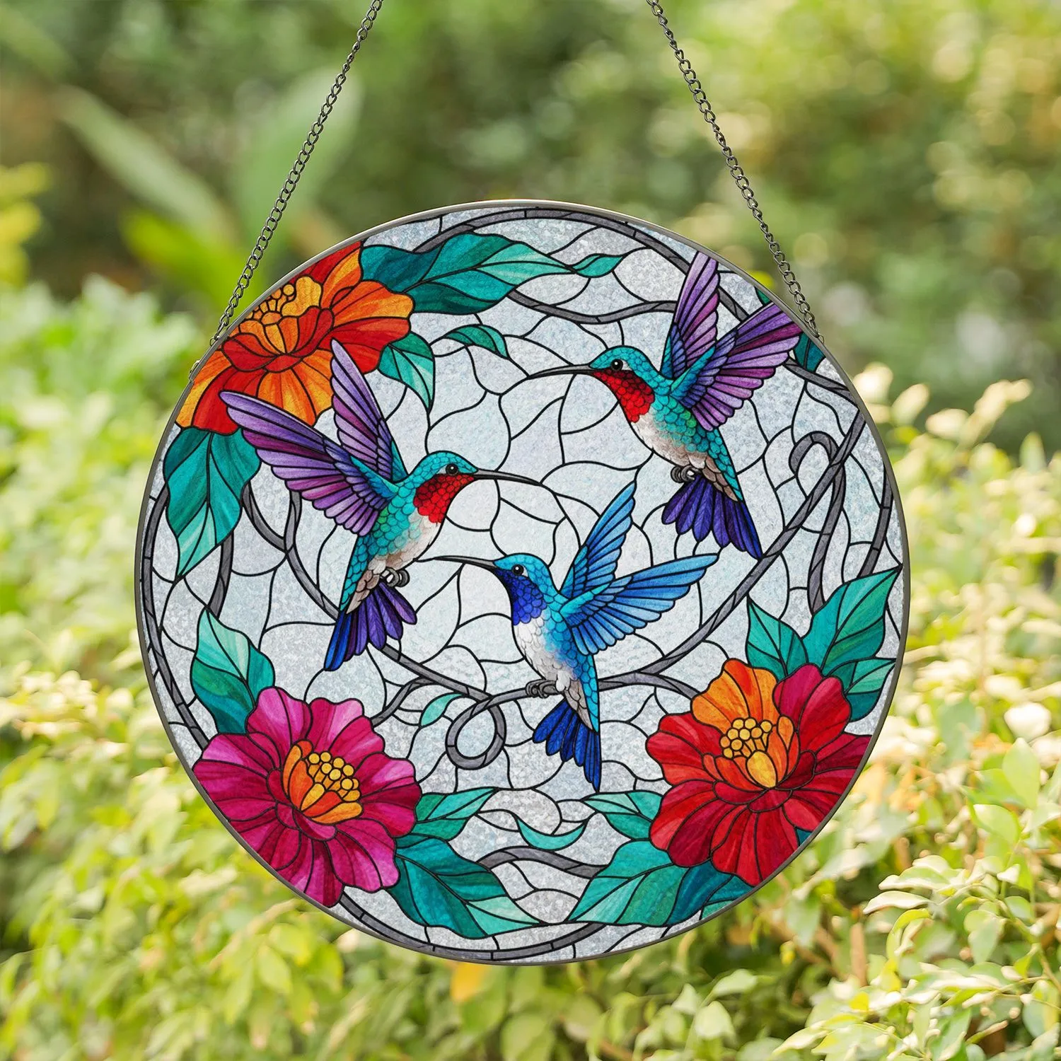 Three Hummingbirds Floral Mosaic - Home Decor Gift for Bird Lovers Stained Glass Suncatcher - 1
