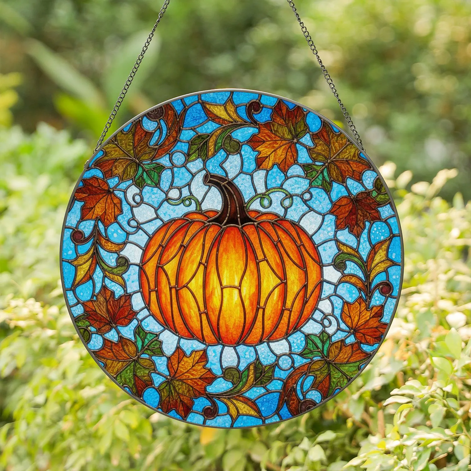 Orange Pumpkin Autumn Leaves Bronze Filigree Scrollwork - Fall Harvest Home Decor Gift Stained Glass Suncatcher - 1