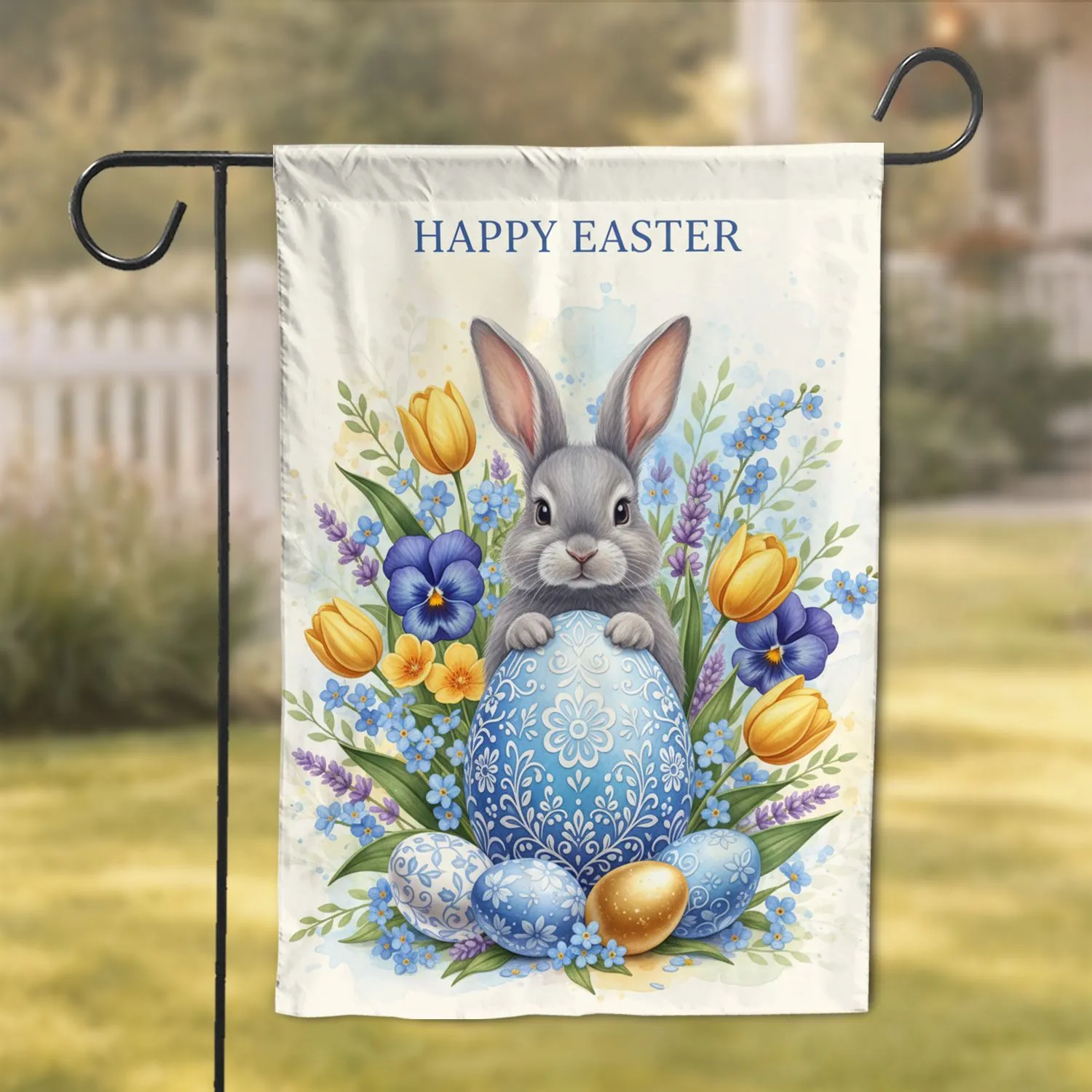Realistic Gray Bunny Blue Easter Egg Spring Flowers - Easter Holiday Decor Garden Flag - 1