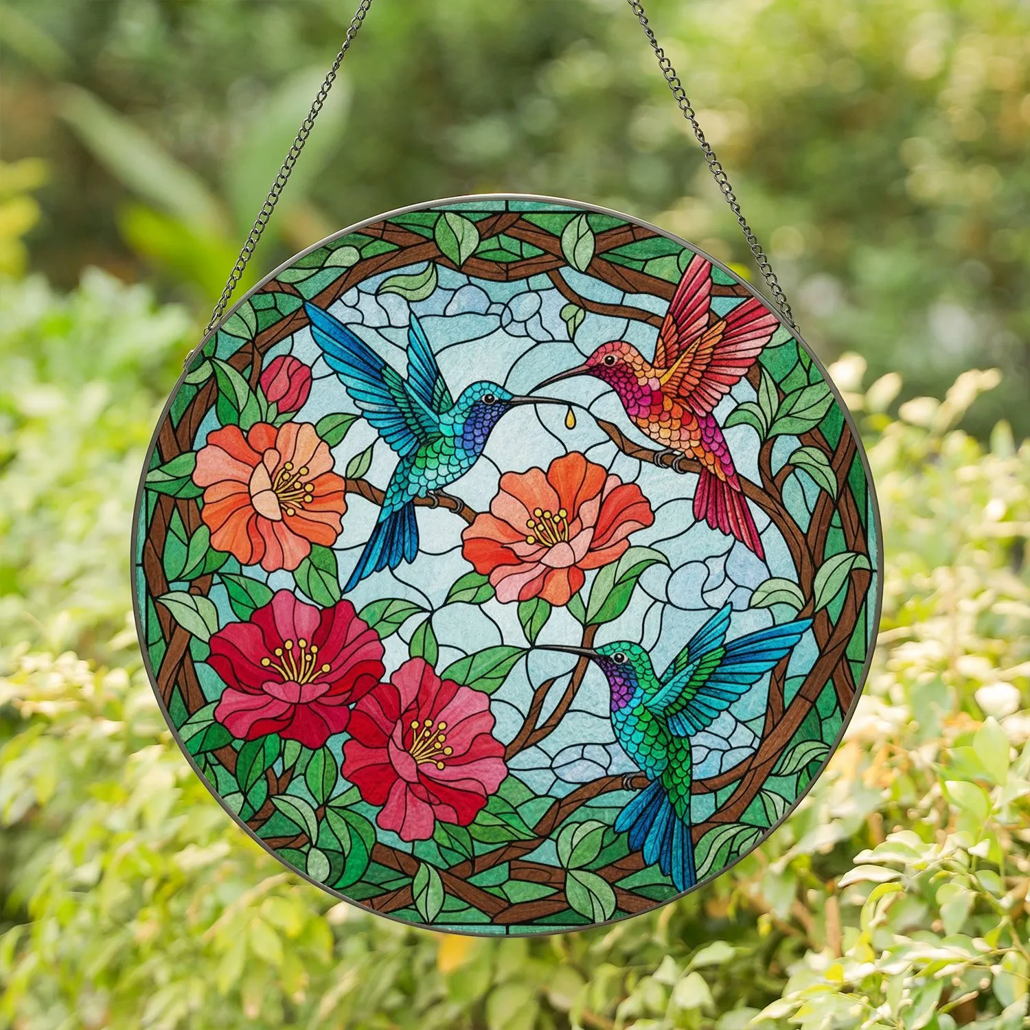 Hummingbirds Blooming Flowers Garden - Wildlife Lover Home Decor Gift Stained Glass Suncatcher - 1